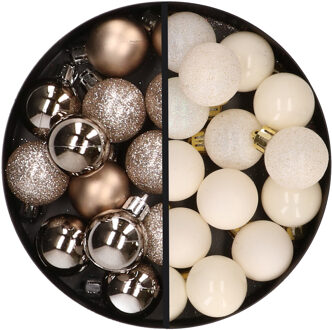 34x stuks kunststof kerstballen champagne en wolwit 3 cm - Kerstbal Champagnekleurig