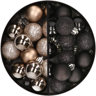 34x stuks kunststof kerstballen champagne en zwart 3 cm
