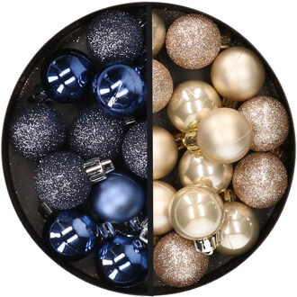 34x stuks kunststof kerstballen donkerblauw en champagne 3 cm