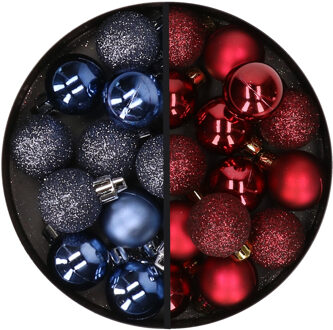 34x stuks kunststof kerstballen donkerblauw en donkerrood 3 cm