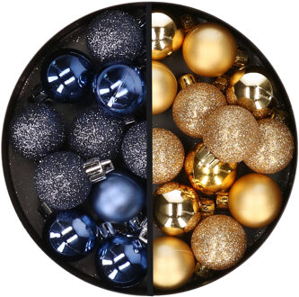 34x stuks kunststof kerstballen donkerblauw en goud 3 cm - Kerstbal Goudkleurig