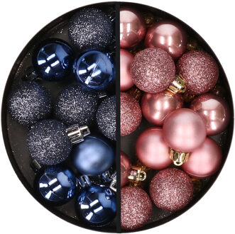 34x stuks kunststof kerstballen donkerblauw en oudroze 3 cm - Kerstbal