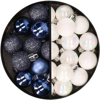 34x stuks kunststof kerstballen donkerblauw en parelmoer wit 3 cm