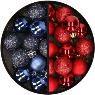 34x stuks kunststof kerstballen donkerblauw en rood 3 cm - Kerstbal