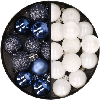 34x stuks kunststof kerstballen donkerblauw en wit 3 cm - Kerstbal