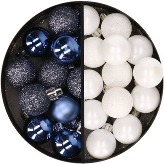 34x stuks kunststof kerstballen donkerblauw en wit 3 cm