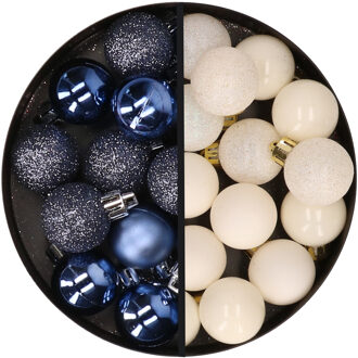 34x stuks kunststof kerstballen donkerblauw en wolwit 3 cm