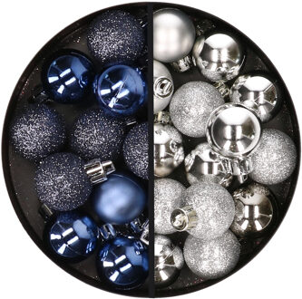 34x stuks kunststof kerstballen donkerblauw en zilver 3 cm