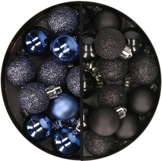 34x stuks kunststof kerstballen donkerblauw en zwart 3 cm - Kerstbal