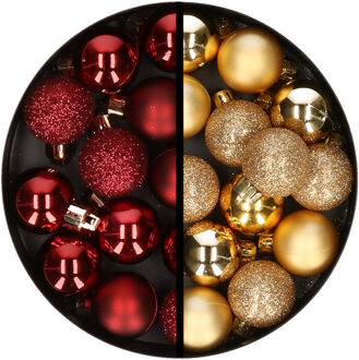 34x stuks kunststof kerstballen donkerrood en goud 3 cm - Kerstbal Goudkleurig