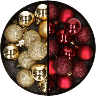 34x stuks kunststof kerstballen goud en donkerrood 3 cm