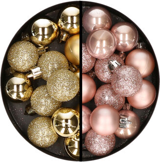 34x stuks kunststof kerstballen goud en lichtroze 3 cm