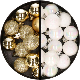 34x stuks kunststof kerstballen goud en parelmoer wit 3 cm - Kerstbal Goudkleurig