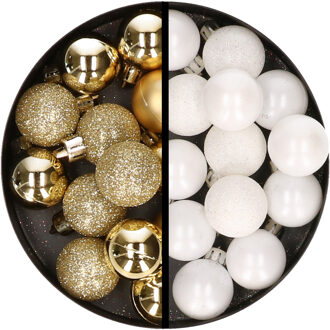 34x stuks kunststof kerstballen goud en wit 3 cm - Kerstbal Goudkleurig