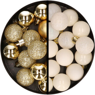 34x stuks kunststof kerstballen goud en wolwit 3 cm