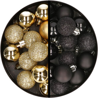 34x stuks kunststof kerstballen goud en zwart 3 cm