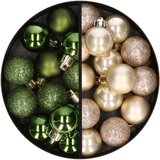34x stuks kunststof kerstballen groen en champagne 3 cm