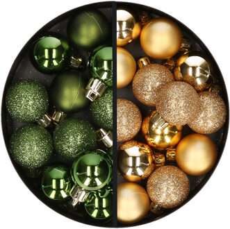 34x stuks kunststof kerstballen groen en goud 3 cm - Kerstbal Goudkleurig