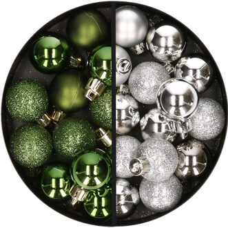 34x stuks kunststof kerstballen groen en zilver 3 cm - Kerstbal Zilverkleurig