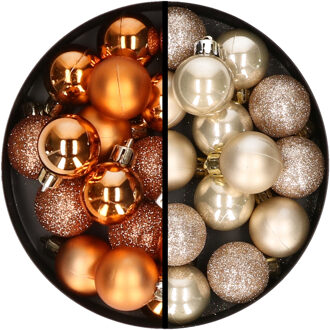 34x stuks kunststof kerstballen koper en champagne 3 cm - Kerstbal Champagnekleurig