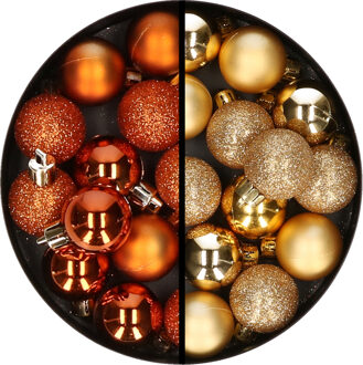 34x stuks kunststof kerstballen oranje en goud 3 cm - Kerstbal Goudkleurig