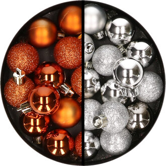 34x stuks kunststof kerstballen oranje en zilver 3 cm - Kerstbal Zilverkleurig