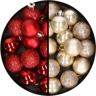 34x stuks kunststof kerstballen rood en champagne 3 cm - Kerstbal Champagnekleurig