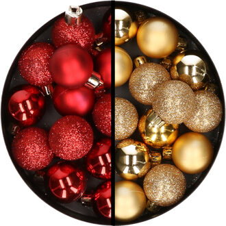 34x stuks kunststof kerstballen rood en goud 3 cm - Kerstbal Goudkleurig