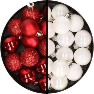 34x stuks kunststof kerstballen rood en parelmoer wit 3 cm - Kerstbal