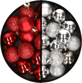 34x stuks kunststof kerstballen rood en zilver 3 cm - Kerstbal Zilverkleurig