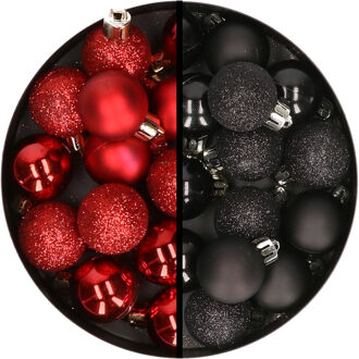 34x stuks kunststof kerstballen rood en zwart 3 cm - Kerstbal