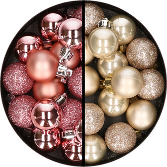 34x stuks kunststof kerstballen roze en champagne 3 cm - Kerstbal Champagnekleurig