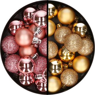 34x stuks kunststof kerstballen roze en goud 3 cm - Kerstbal Goudkleurig