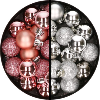 34x stuks kunststof kerstballen roze en zilver 3 cm - Kerstbal Zilverkleurig