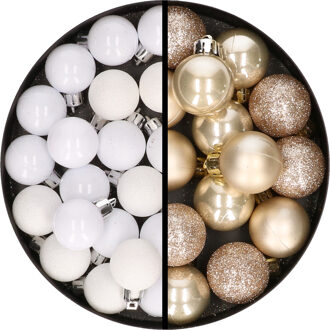 34x stuks kunststof kerstballen wit en champagne 3 cm - Kerstbal Champagnekleurig