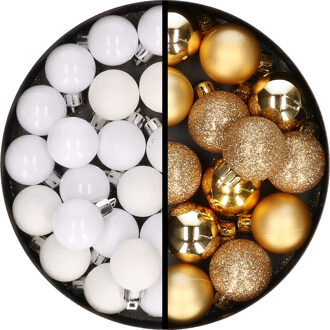 34x stuks kunststof kerstballen wit en goud 3 cm - Kerstbal Goudkleurig