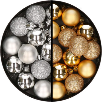 34x stuks kunststof kerstballen zilver en goud 3 cm - Kerstbal Goudkleurig