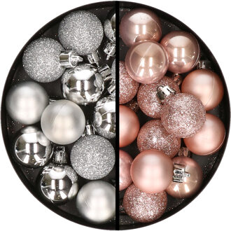 34x stuks kunststof kerstballen zilver en lichtroze 3 cm