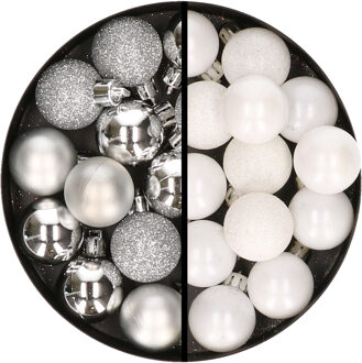34x stuks kunststof kerstballen zilver en wit 3 cm