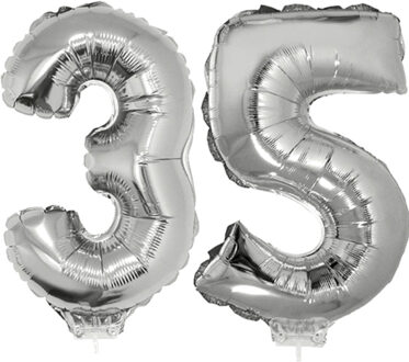 35 jaar leeftijd feestartikelen - versiering cijfers - ballonnen op stokje - van 41 cm - zilver