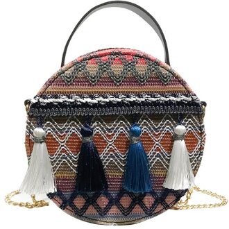 #35 Ronde Stro Handtassen Handgemaakte Nationale Wind Draagbare Keten Ronde Tas Kwastje Packet Strand Cirkel Bohemen Handtas Blauw