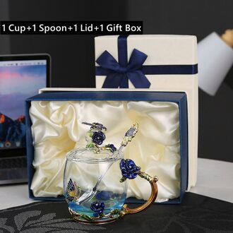 350Ml Blue Enamel Rozet Glas Mok Transparant Zwarte Thee Koffie Beker Met Deksel En Lepel Teatime Cup Set Voor 320ml blauw met doos