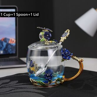 350Ml Blue Enamel Rozet Glas Mok Transparant Zwarte Thee Koffie Beker Met Deksel En Lepel Teatime Cup Set Voor 320ml blauw