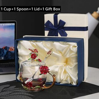 350Ml Blue Enamel Rozet Glas Mok Transparant Zwarte Thee Koffie Beker Met Deksel En Lepel Teatime Cup Set Voor 320ml rood met doos