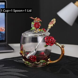 350Ml Blue Enamel Rozet Glas Mok Transparant Zwarte Thee Koffie Beker Met Deksel En Lepel Teatime Cup Set Voor 320ml rood