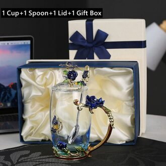 350Ml Blue Enamel Rozet Glas Mok Transparant Zwarte Thee Koffie Beker Met Deksel En Lepel Teatime Cup Set Voor 350ml blauw met doos