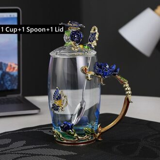 350Ml Blue Enamel Rozet Glas Mok Transparant Zwarte Thee Koffie Beker Met Deksel En Lepel Teatime Cup Set Voor 350ml blauw