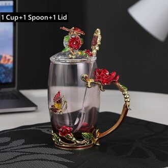 350Ml Blue Enamel Rozet Glas Mok Transparant Zwarte Thee Koffie Beker Met Deksel En Lepel Teatime Cup Set Voor 350ml rood