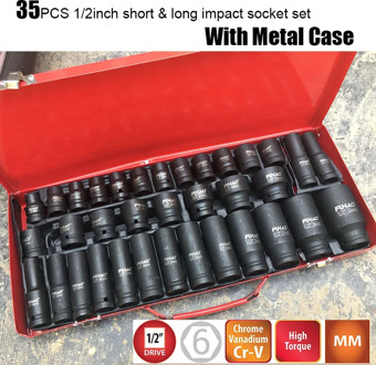 35PCS 1/2" Inch Drive Deep Impact Sockets 6 Point Air Pneumatic Socket Wrench Head CRV Short &Long Car Repair Tools with Case