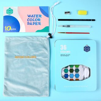 36 Solide Aquarel Verf Set Met Water Borstel Pen Ijzeren Doos Reizen Water Kleur Pigment Voor Draw Schilderen Set Blauw